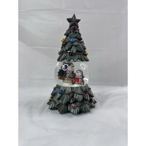 Retired San Francisco Music Box Snow Globe Christmas Tree Snowman Family 12"